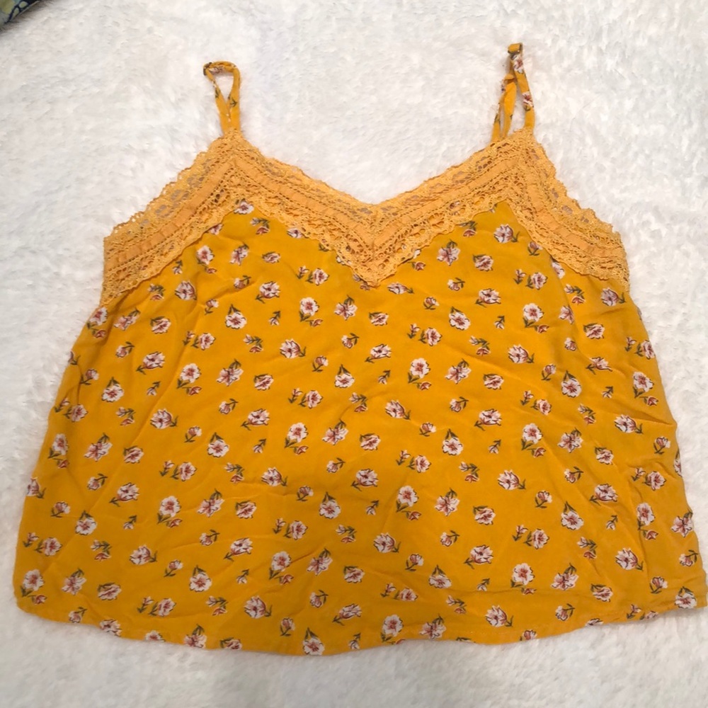 Yellow Floral Cotton Spaghettini Strap Tank Top